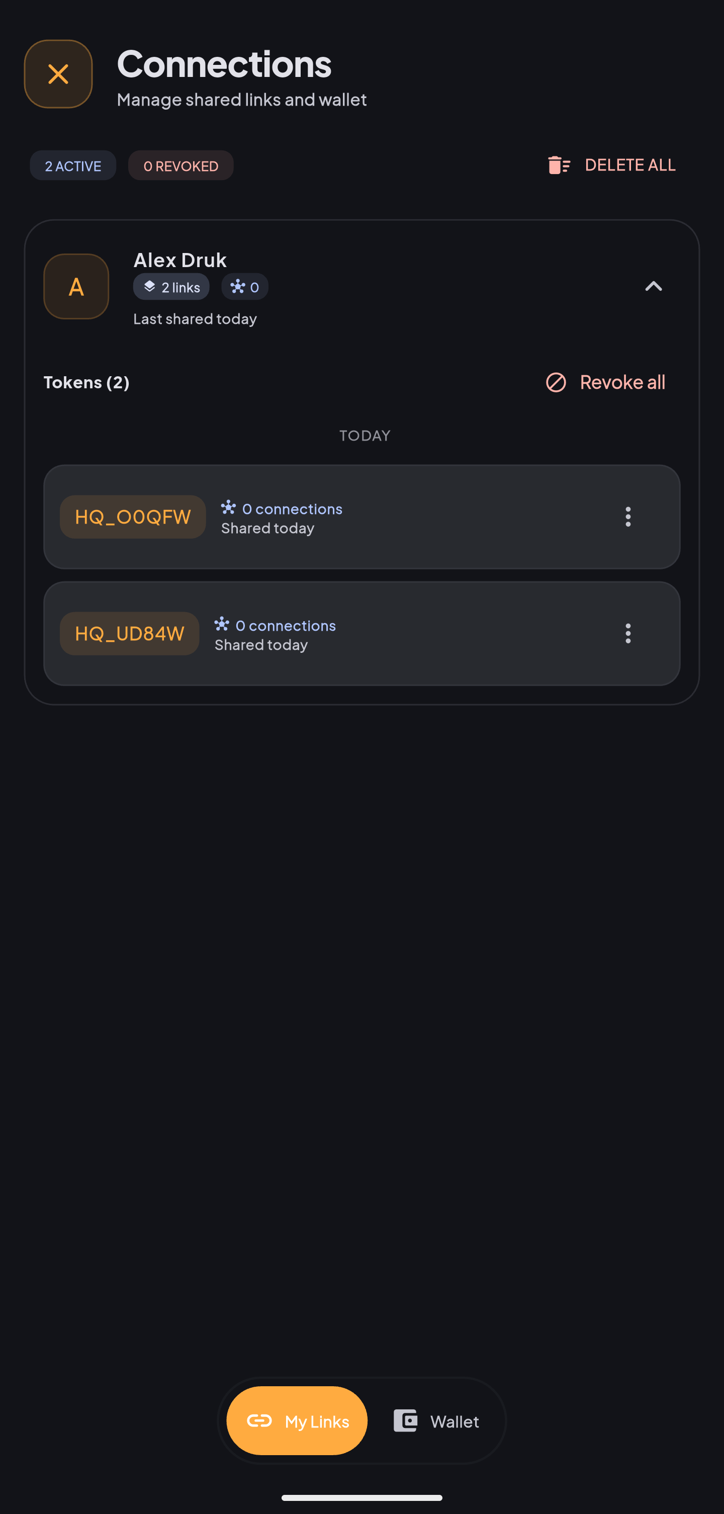 Harmoniq connections page showing My Links and wallets